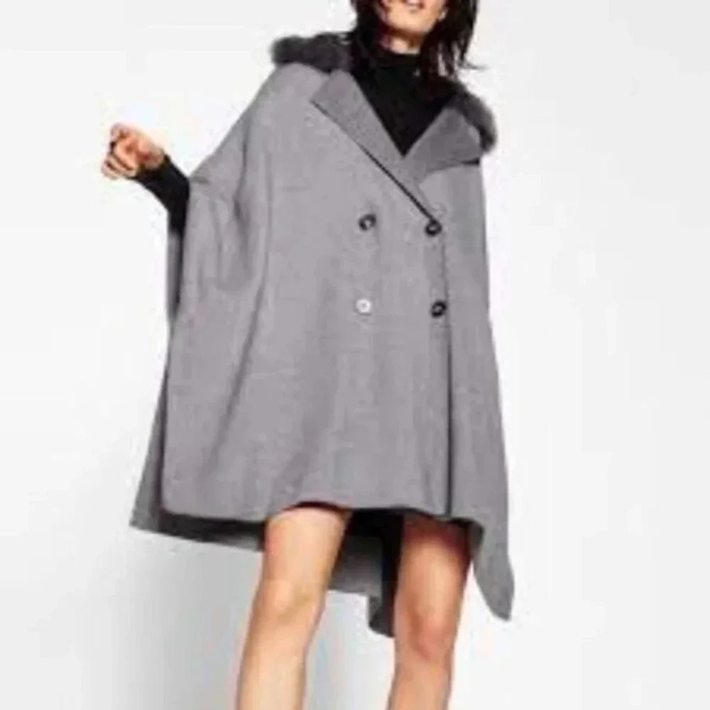 Zara Coat Jacket Fur Collar Knit Cape Poncho Faux Coat Jacket S - Picture 7 of 14